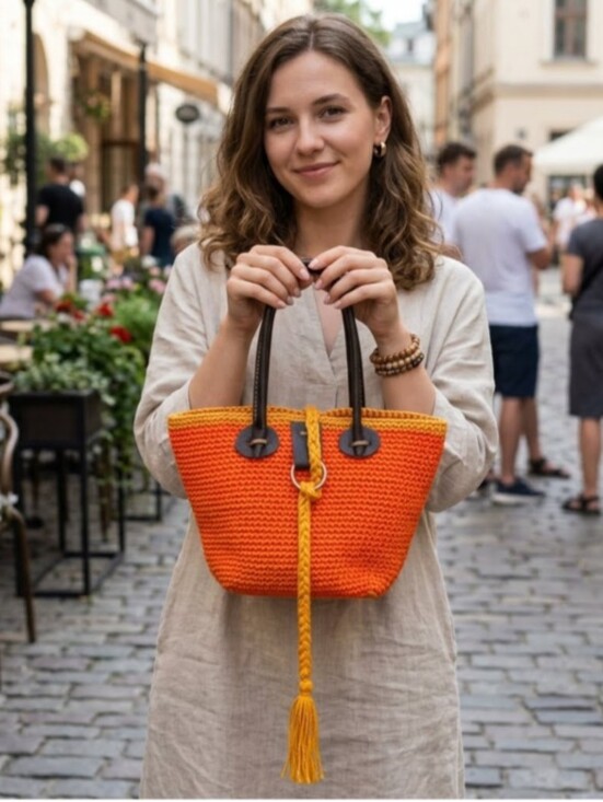 Hand Crafted Handbags - Handmade Crochet Bucket Bag Nylon Mason Line Bright Orange Brown Leather